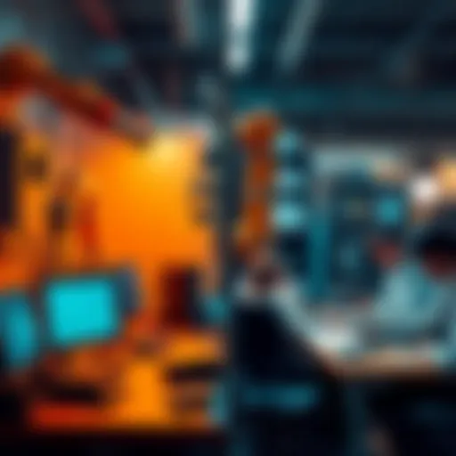 A split image showing automation tools on one side and traditional manual work on the other. Workers are using computers for automation, while others are engaged in old-fashioned tasks like paperwork ...