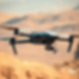 A fully autonomous drone flying in a war zone, equipped with weapons, signifying its role in military operations.