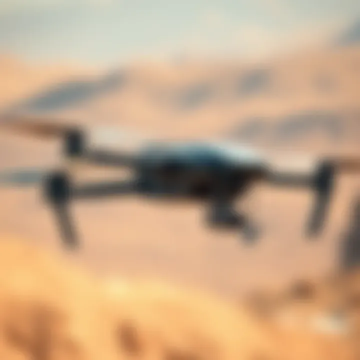 A fully autonomous drone flying in a war zone, equipped with weapons, signifying its role in military operations.