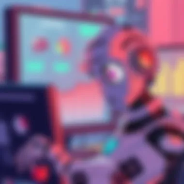 Struggling with Graphics Tasks An illustration showing an autonomous bot with a frustrated look while working on a computer screen displaying graphic design tasks. The background has charts indicating the bot's strengths in text an...