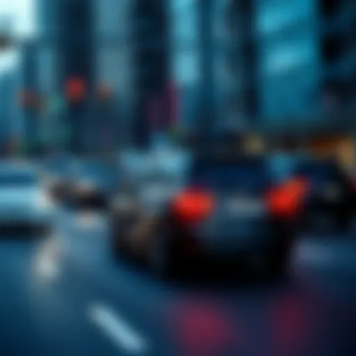 An autonomous vehicle driving safely among other cars on a busy city street, showcasing road safety technology