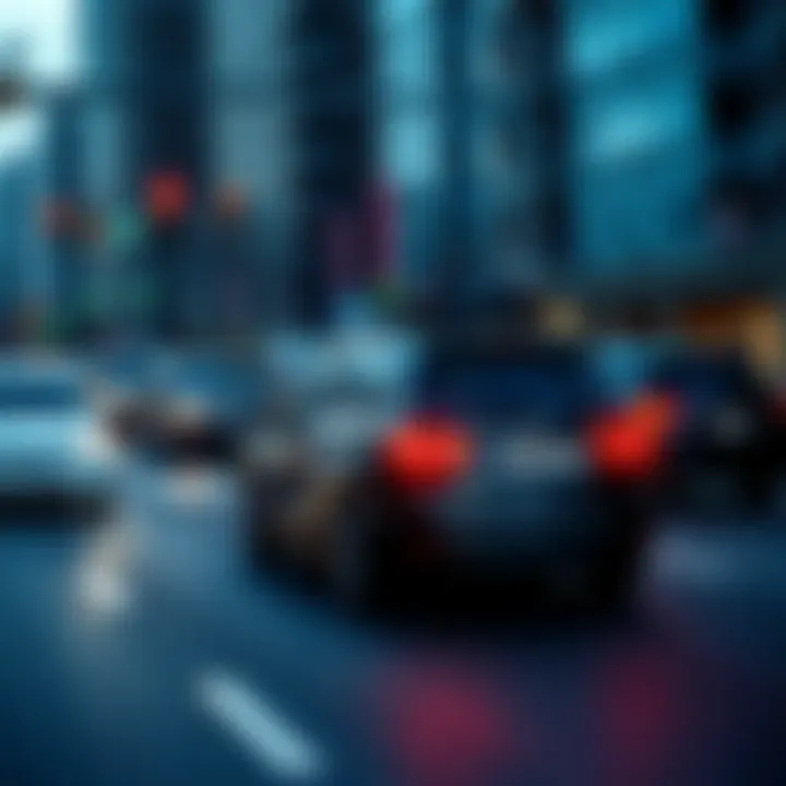 An autonomous vehicle driving safely among other cars on a busy city street, showcasing road safety technology