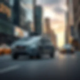 A sleek autonomous car driving through a busy city, showcasing its advanced technology and safety features.