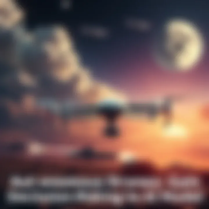 Autonomous Drones in Action A fleet of autonomous drones flying over a landscape with satellites and submarines nearby, showcasing advanced AI technology in decision-making.