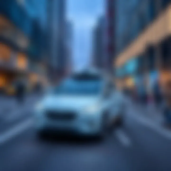 A futuristic self-driving car navigating a busy city street while pedestrians look on, highlighting the shift towards AI-driven transport.