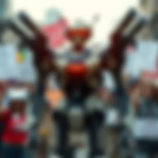 A futuristic robot with weapons, symbolizing concerns over autonomous weapons targeting individuals, set against a blurred background of a protest scene with people holding signs for peace.