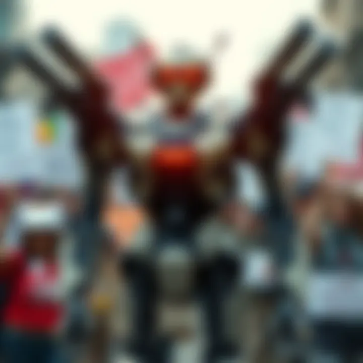 A futuristic robot with weapons, symbolizing concerns over autonomous weapons targeting individuals, set against a blurred background of a protest scene with people holding signs for peace.