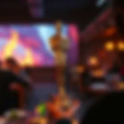 A golden Oscar statuette representing the Best Visual Effects award held up with excitement. The background shows a colorful film scene from Avatar: Fire and Ash.