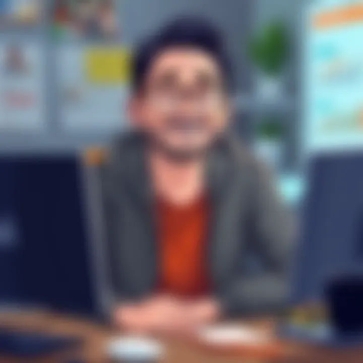 Illustration of an average forum moderator sitting at a computer, showing their unique traits and style. They have a friendly expression, wearing casual clothes, surrounded by tech gadgets and forums ...