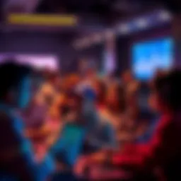 A group of diverse people engaging in online discussions about AI technology on forums.
