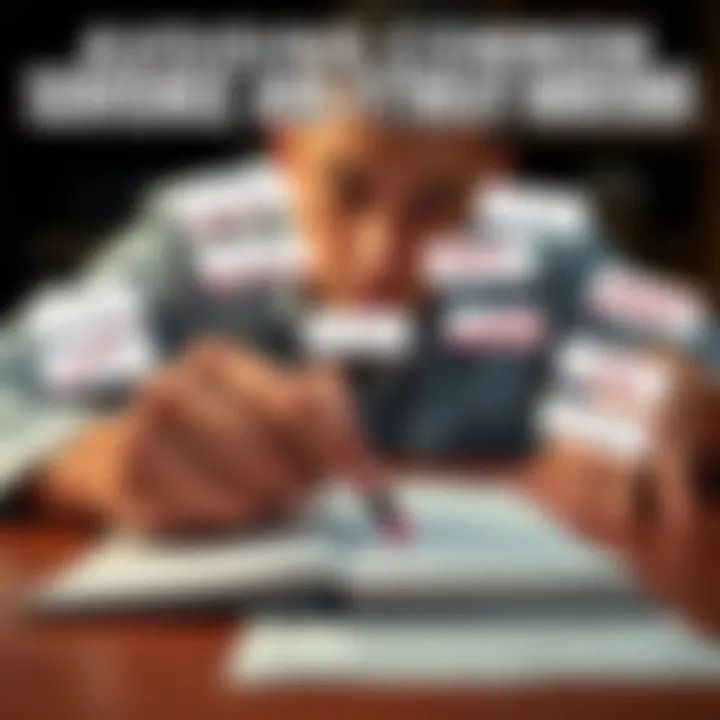 Avoiding Common Sentence Structures A person writing in a notebook, looking frustrated by repetitive sentence patterns, with crossed-out sentences around them.