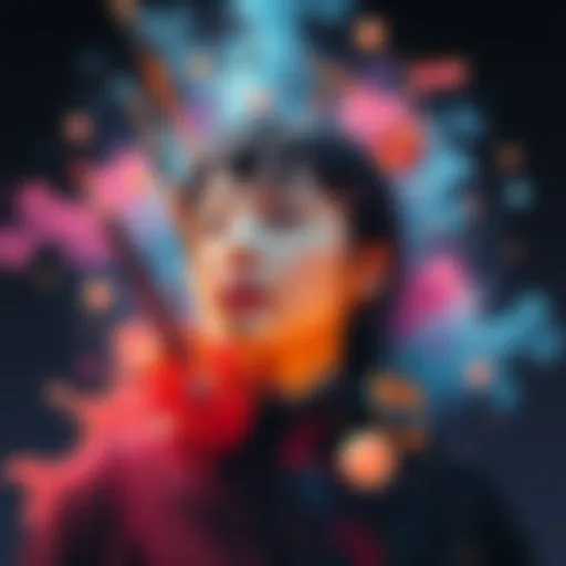 A portrait of Ayase Seiko surrounded by artistic elements representing modern culture, such as music notes and paintbrushes.