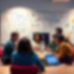 A group of diverse marketers brainstorming strategies for B2C SaaS marketing automation, with a whiteboard filled with ideas and charts in the background.