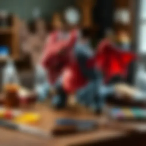 A painted baby Tarrasque figure posed on a wooden table among sculpting tools and paints.