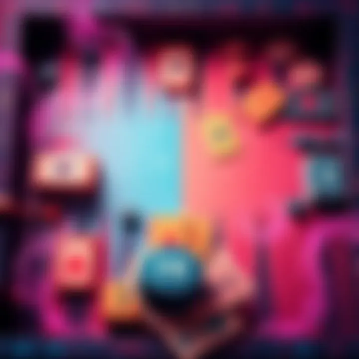 A vibrant illustration of a unique Backgammon board with colorful, procedurally generated patterns and cards representing deckbuilding mechanics.