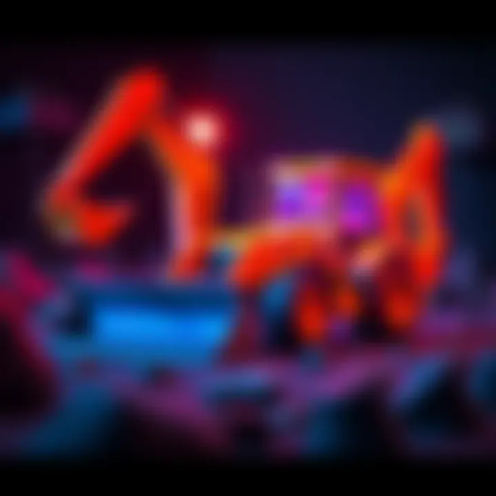 A colorful animation showcase of a backhoe in a mini-game setting, highlighting creative design techniques without 3D elements.
