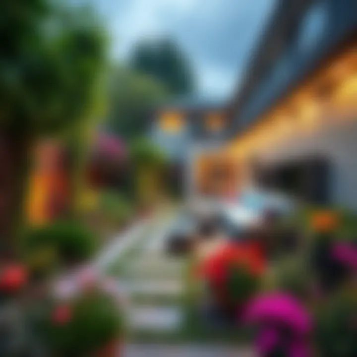 A beautifully designed backyard featuring vibrant flowers, green plants, and a cozy seating area, illustrating the potential of AI in outdoor design.