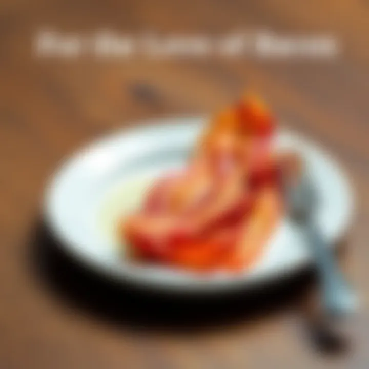 Crispy bacon strips arranged on a white plate, showcasing its golden-brown color and texture, with a fork beside it.
