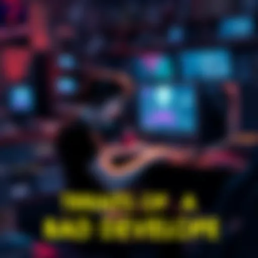 A frustrated game developer sitting at a cluttered desk with broken game designs on the screen.