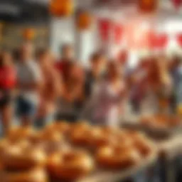 People enjoying and celebrating at the Bagel demo event with bagels displayed on a table.
