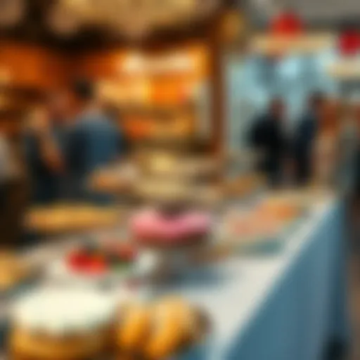 A table filled with an assortment of baked goods at Annika's grand opening celebration, featuring cakes, pastries, and cookies, with people enjoying the event.