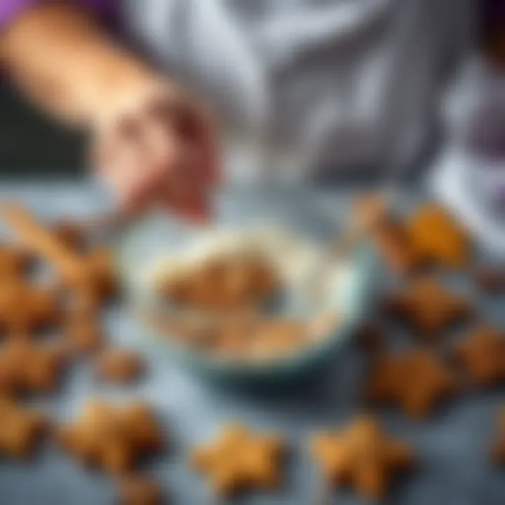 A person mixing ingredients for Ginger-Nut cookies in a bowl, surrounded by spices and cookie cutouts