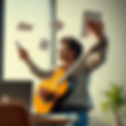 A person juggling work documents and leisure activities like playing guitar and enjoying coffee, symbolizing balance in life.