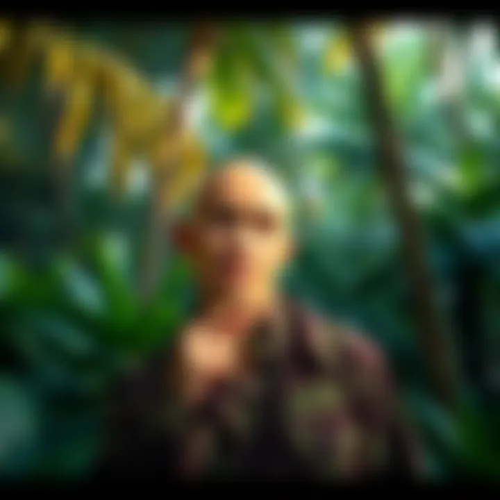 A bald man dressed in jungle attire humorously questioning the concept of insanity amidst tropical trees and lush vegetation