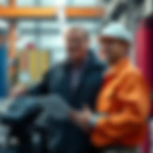 Steve Ballmer stands beside a maintenance worker, showcasing a discussion about AI technology in the workplace.