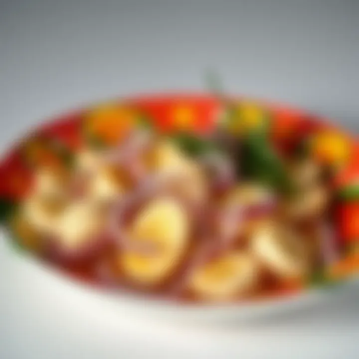 A vibrant dish featuring sliced bananas and onions, showcasing their unique combination on a colorful plate.