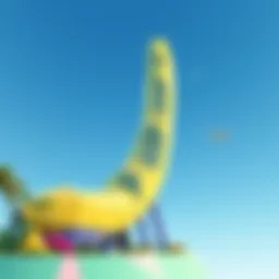 A whimsical low-poly banana skyscraper set against a clear blue sky, with people enjoying the colorful design around it.