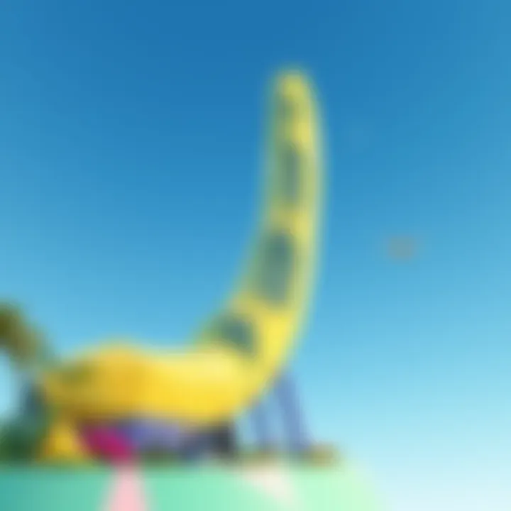 A whimsical low-poly banana skyscraper set against a clear blue sky, with people enjoying the colorful design around it.