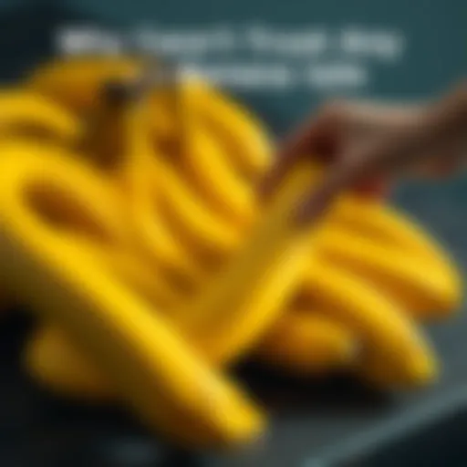 A bunch of bananas with a hand inspecting one for signs of bruising