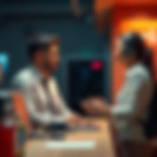 A bank teller and a customer discussing game development projects at the counter