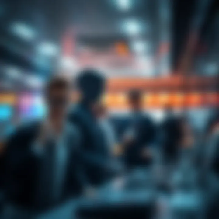 A bank interior showing employees discussing as they prepare to rehire after an AI chatbot failed to perform well in customer service.