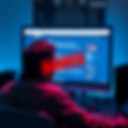 A person sitting in front of a computer screen showing a pro AI forum page, looking frustrated after receiving a ban notice for discussing human leadership in AI.