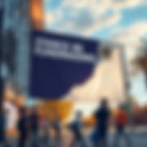 A large banner displayed in a public area questioning fundraising priorities and community engagement, with a group of people discussing nearby.