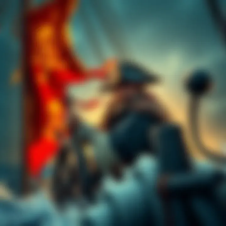 A Barbarian Pirate steering a ship with a tattered flag, showcasing the rugged life of maritime adventures