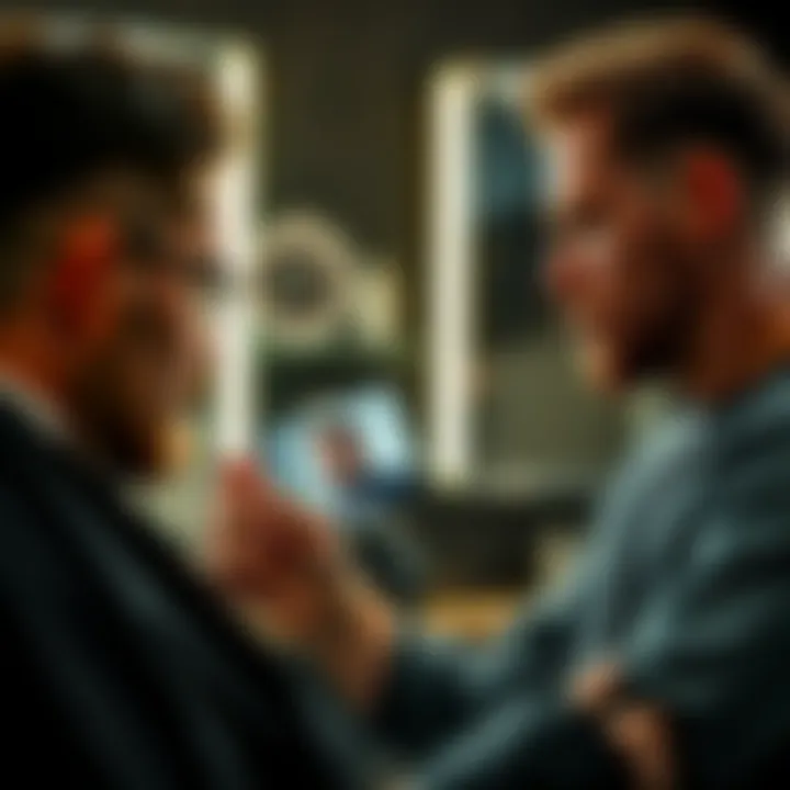 A barber shows a customer a photo of a haircut, highlighting their discussion about the desired style.