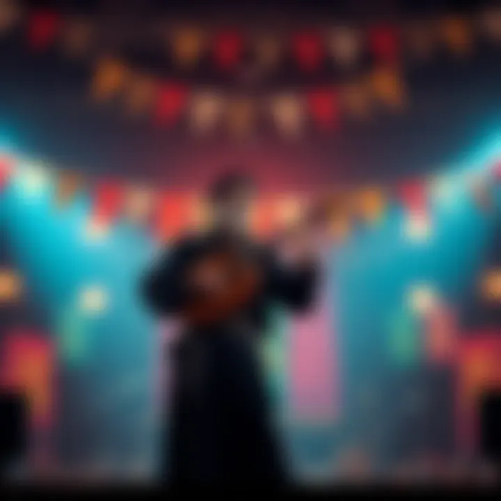 A bard stands on stage, playing a lute and singing to an audience, with colorful banners in the background.