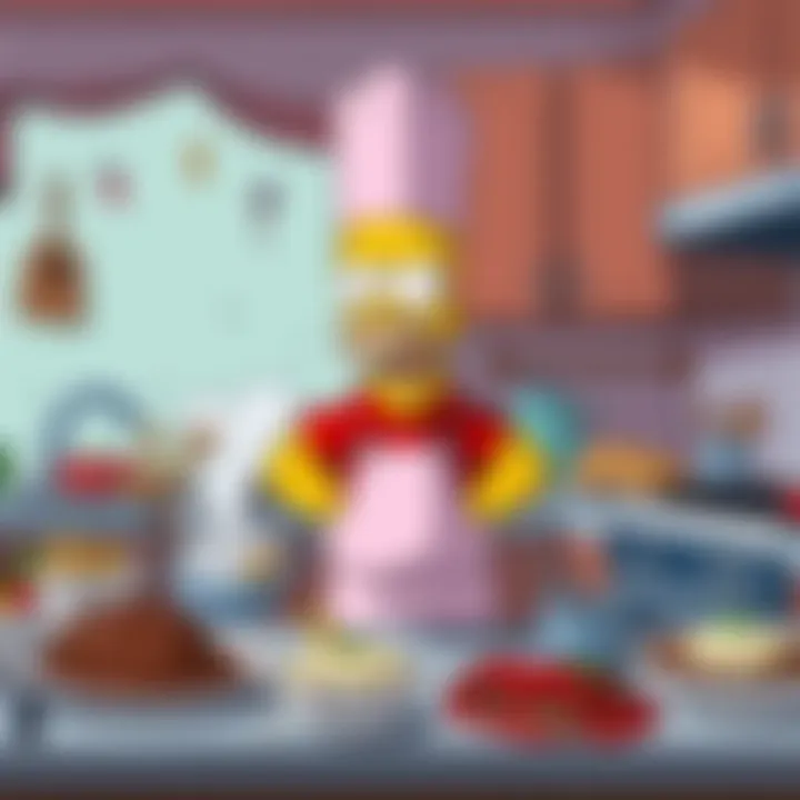 Bart, a left-handed cook, looks frustrated as he stands before a messy counter filled with failed dishes, showcasing his culinary chaos.