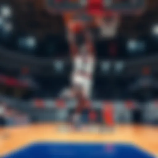 A basketball player jumps to score during a game, showcasing intense focus and athleticism.