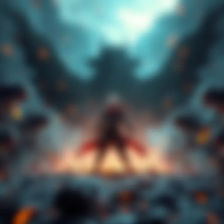 A single character stands bravely in a game battle field, surrounded by dark enemies, with changing background music visuals indicated by musical notes.