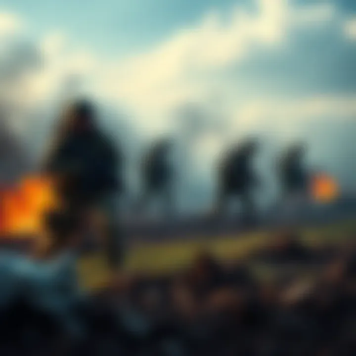 Soldiers engaged in combat on a battlefield, highlighting the theme of war's impact on human survival