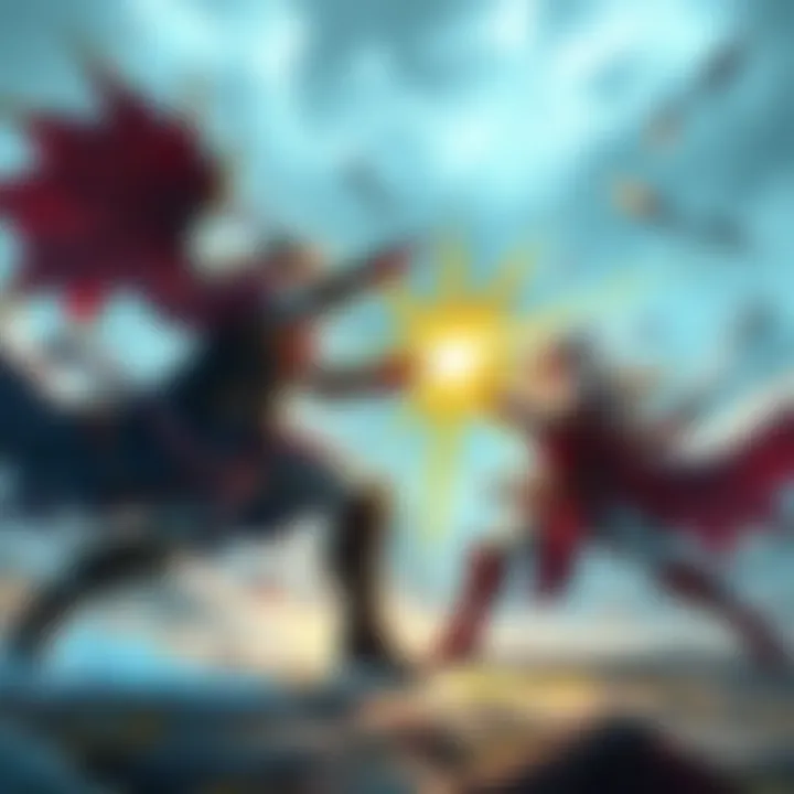 Two fantasy characters engaged in an exciting battle, with magic and weapons drawn, set in a vibrant RPG world.
