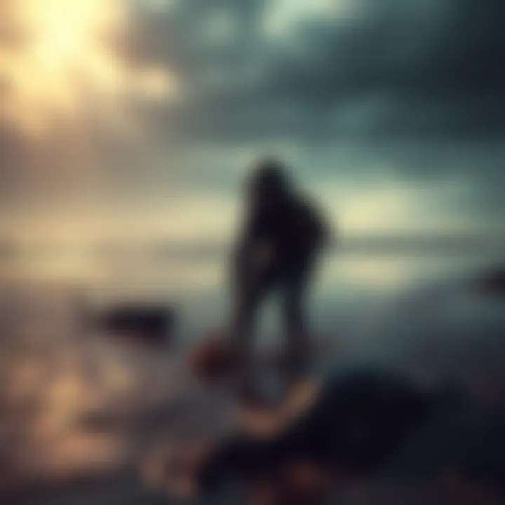 A character cleaning oil from a beach while rescuing animals, with a dark sky overhead