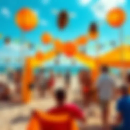 People enjoying a vibrant beach day with bee-themed decorations, games, and activities