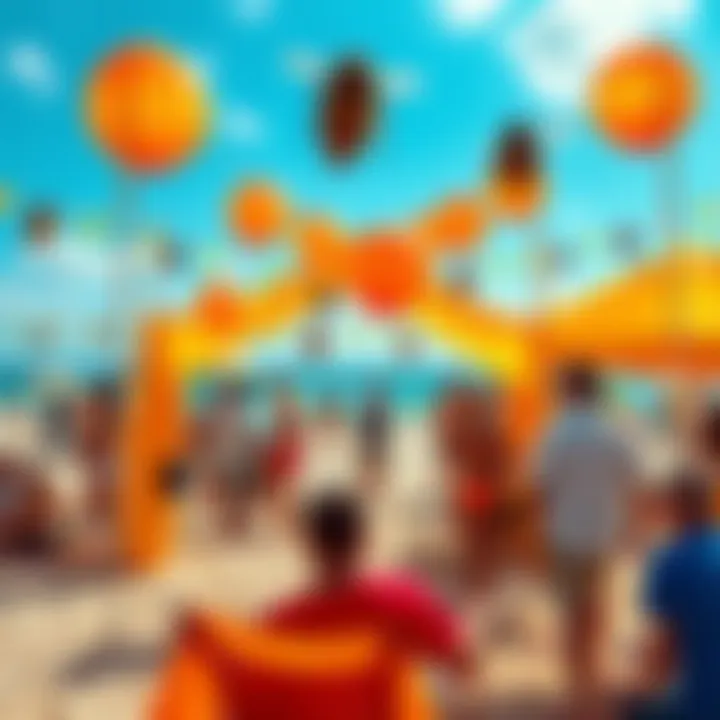 People enjoying a vibrant beach day with bee-themed decorations, games, and activities
