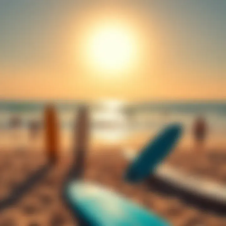 A sunny beach with surfboards, people enjoying the sea and sand, capturing summer fun