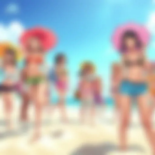 Several beach waifus enjoying the sun on a sandy beach, showcasing their vibrant outfits and cheerful expressions